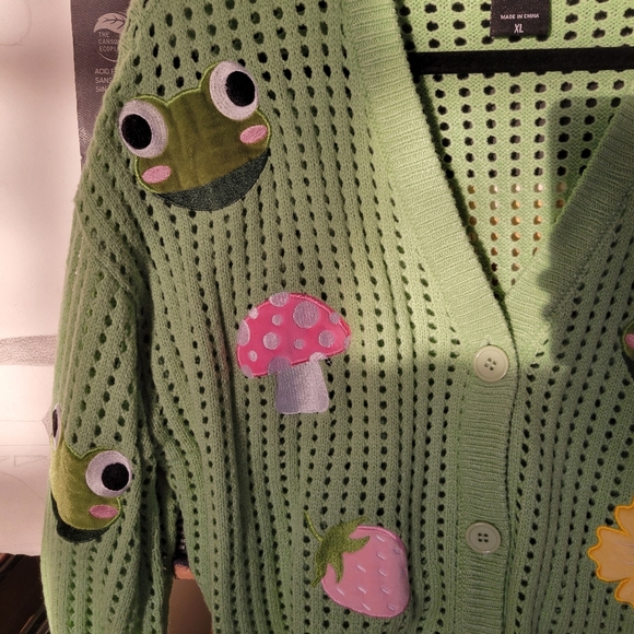 Shein Green Cardigan with Frog and Mushroom, Strawberries, Flowers and  Accents. - Picture 2 of 4